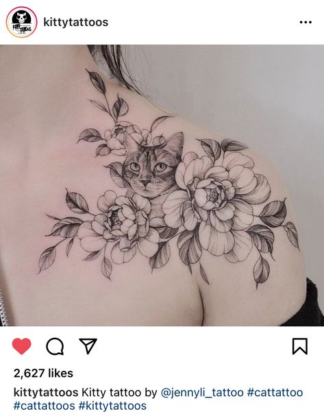 Shoulder Cat Tattoos For Women, Cat And Floral Tattoo, Cat Shoulder Tattoos For Women, Cat Peony Tattoo, Cat Tattoo On Thigh, Black Cat And Flowers Tattoo, Pet Flower Tattoo, Cat Tattoo Sleeve Women, Cat Tattoo Shoulder