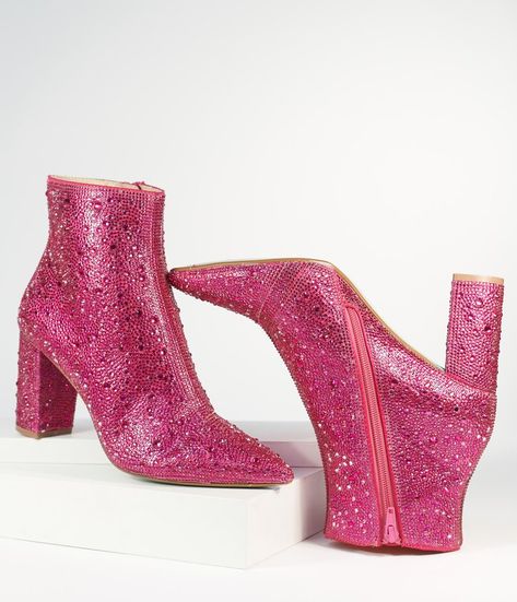 Betsey Johnson Fuchsia Rhinestone Heel Booties – Unique Vintage Pink Disco Shoes, Sparkling Pink Party Boots, Trendy Pink Glitter Boots, Pink Glitter High Heel Boots, Pink Ankle-high Platform Boots For Party, Rhinestone Heels, 5 Inch Heels, Pink Rhinestones, Retro Dress