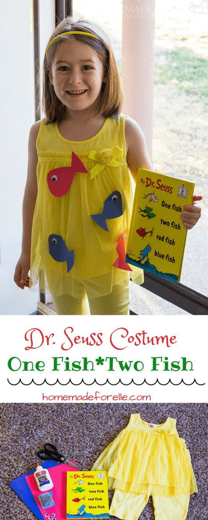 DIY Dr Seuss Costume {One Fish Two Fish} ⋆ Homemade for Elle One Fish Two Fish Costume, Dr. Seuss Costumes, Story Book Costumes, Dr Seuss Costumes, Storybook Character Costumes, Book Characters Dress Up, Fish Diy, Book Character Day, Character Dress Up