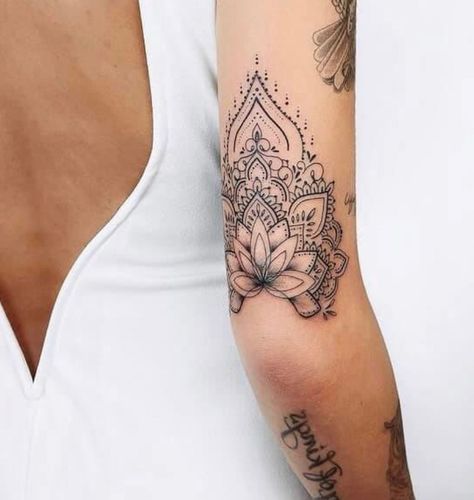 Back Of Arm Tattoo Women Mandala, Leg Tattoo Feminine, Mandala Tattoo Above Elbow, Viking Shoulder Tattoo For Women, Back Of Lower Arm Tattoo, Pretty Elbow Tattoos For Women, Above Inner Elbow Tattoos For Women, Back Bicep Tattoos For Women, Women’s Elbow Tattoos