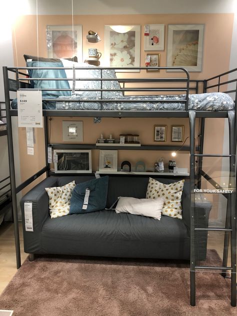 Bunk Bed Studio Apartment, Teen Boy Loft Bedroom Ideas, Loft Bed With Couch Underneath, Small Room Loft Bed, Teen Loft Bedrooms, Ikea Loft Bed Hack, Loft Bed With Couch, Boys Loft Bedroom, Studio Apartment Bed