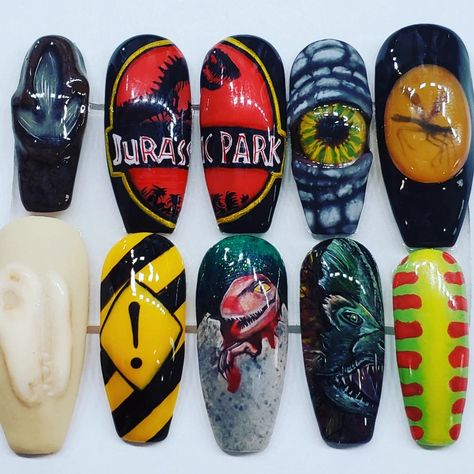 Jurassic Park Nails Designs, Jurrasic Park Nails, Jurassic World Nails, Theme Park Nails, Tarzan Nails, Universal Studios Nails Design, Godzilla Nails, Dinosaur Nails Acrylic, Universal Studios Nail Ideas