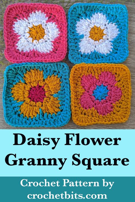 Crochet Daisy Flower Granny Square Pattern Daisy Flower Granny Square, Flower Granny Square Pattern, Crochet Flower Granny Square Pattern, Granny Square Pattern Free, A Daisy Flower, Motifs Granny Square, Crochet Flower Squares, Flower Granny Square, Granny Square Crochet Patterns Free