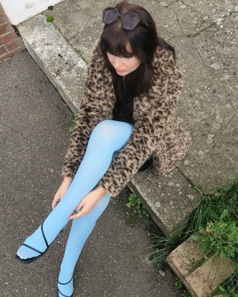 Leopard print coats, blue tights and Jesus Christ on a wooden sign, everything is romanticccc ⭐️🩵⛪️ #falloutfit #fallfashion #vintagestyle #vintagefashion #60sfasion #bluetights #imwearing #outfitinspiration Lilac Tights Outfit, Turquoise Tights Outfit, Pastel Tights Outfit, Light Blue Tights Outfit, Leopard Tights Outfit, Blue Tights Outfit, Light Blue Tights, Color Tights Outfit, Printed Tights Outfit