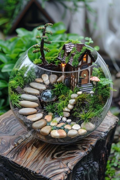 Fairy Garden In Glass Bowl, Fairy Terrarium Ideas, Garden Design Indoor, Miniature Garden Ideas, Plant Bedroom Aesthetic, Indoor Garden Design, Fairy Garden Box, Fairy Garden Design Ideas, Plant Bedroom