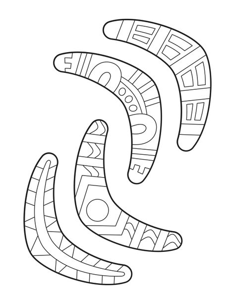 Free printable boomerang coloring page. Download it at https://museprintables.com/download/coloring-page/boomerang/ Aboriginal Art For Kids Free Printable, Aboriginal Craft For Kids, Nadoc Craft, Around The World Preschool Activities, Boomerang Craft, Australia Crafts For Kids, Naidoc Week Activities, Around The World Crafts For Kids, Australia For Kids