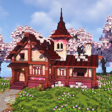 Pink And Red Minecraft House, Cherry Blossom Wood Minecraft, Big Cherry Blossom House Minecraft, 1.20 House Minecraft, 1.20 Minecraft House, Cherry Blossom Mansion Minecraft, Minecraft Fairytale Builds, Minecraft 1.20 House, Cherry Wood Minecraft Builds