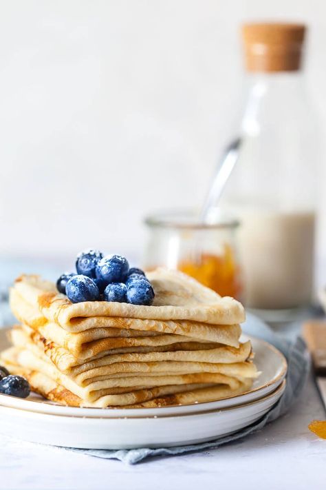 Easy and Delicious Homemade Dairy-Free Crepes are made with eggs, flour, plant-based milk and a dash of sugar. No dairy or lactose. #crepes #dairyfree #pancakes #breakfast #lactosefree Crepe Recipe Without Milk, Best Crepe Recipe, Sweet Crepes, Savory Crepes, Crepe Recipes, Fool Proof Recipes, Food Shows, Perfect Breakfast, Breakfast Recipes Easy