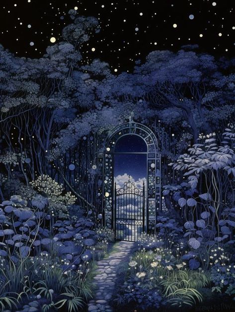 Garden At Night Illustration, Witch Garden Illustration, Night Garden Aesthetic, Fairytale Wallpaper, Tiny Pots, Sleep Aesthetic, Miniature Pottery, Garden Illustration, Night Garden