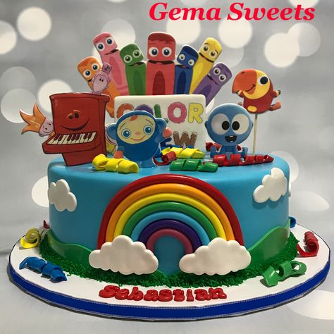 Baby First TV inspired birthday cake by Gema Sweets. Color Crew Cake, Color Crew Birthday Cake, Color Crew Birthday Party, Color Crew Birthday Party Ideas, Canticos Nick Jr Birthday Cake, Babyfirst Tv Birthday Ideas, Babyfirst Tv Birthday, 1st Birthday Bluey Theme Smash Cake, Teletubbies 1st Birthday Cake