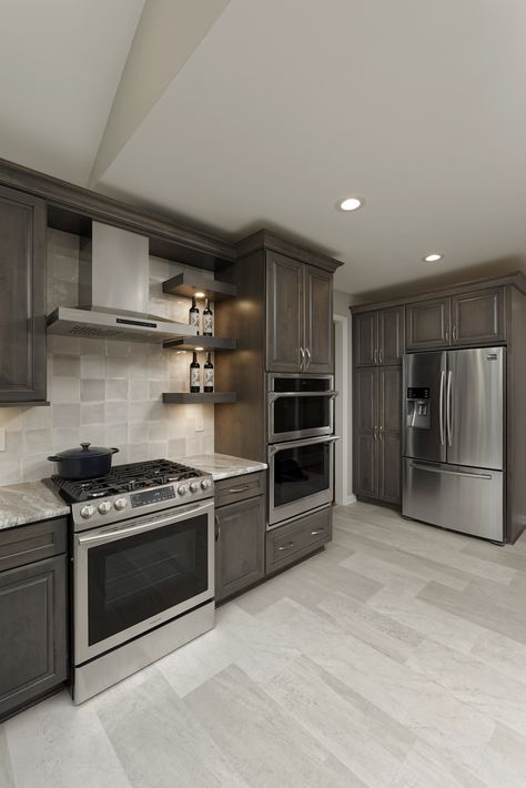 Light Gray Kitchen Floor, Gray Brown Cabinets Kitchen, Brown Gray Kitchen Cabinets, Gray Wood Kitchen Cabinets, Light Grey Floors Kitchen, Gray And Brown Kitchen, Modern Western Kitchen, Timeless Backsplash, Warm Grey Kitchen