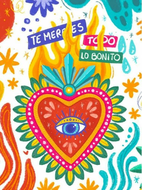 Sacred Heart Art, Eye Illustration, Mexican Art, Mexican Folk Art, Eye Art, Heart Art, Sacred Heart, Ceramic Painting, Retro Poster