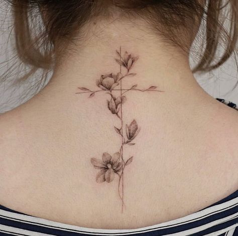 Cross And Vine Tattoo, Cross With Vines Tattoo, Rebecca Tattoo, Floral Cross Tattoo, Tattoo Spine, Tattoo Spots, Cross Tattoos For Women, Mom Tattoo Designs, Cross Tattoos