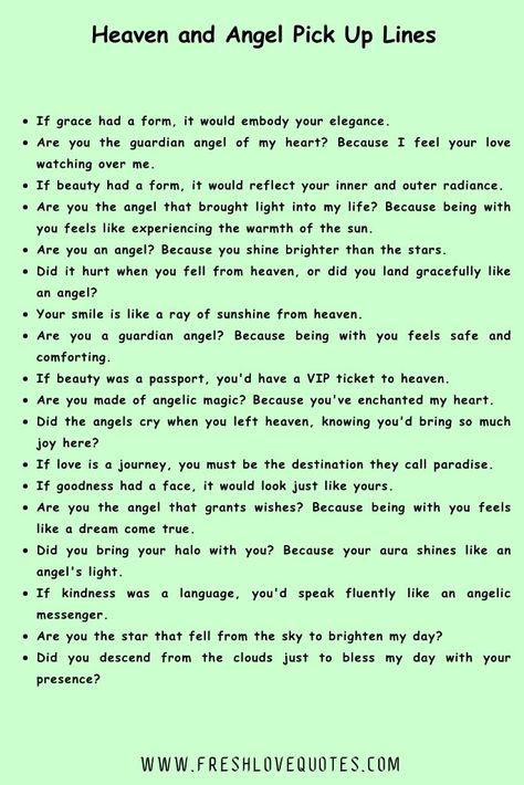 350+ Best Heaven and Angel Pick Up Lines Dog Pick Up Lines, Look Like An Angel, Vodka Red, Rizz Lines, Fresh Love, Touched By An Angel, Watch Over Me, Falling From The Sky, Take My Breath