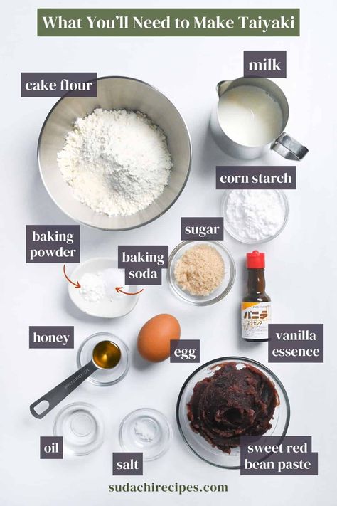 ingredients needed to make Taiyaki (Japanese fish-shaped pastry) on a white background with labels Taiyaki Recipe, Japanese Taiyaki, Sweet Red Bean Paste, Sweet Red Bean, Japanese Street Food, Red Bean Paste, Japanese Fish, Milk Cake, Recipes Asian