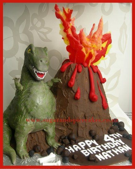 Tyrone T-REX Cake with Erupting Volcano  Cake by MelSugarMama this is awesome! Cake Dino, Volcano Birthday, Dino Cakes, Jurassic World Cake, Dinosaur Cakes, T Rex Cake, Volcano Cake, Cake Torte, March Food