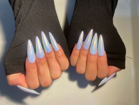 Clear Blue Chrome Nails, Light Blue Chrome Nails, Blue Stiletto Nails, Nails 23, Blue Chrome Nails, Acrylic Nails Stiletto, Long Almond Nails, Almond Acrylic, Clear Acrylic Nails