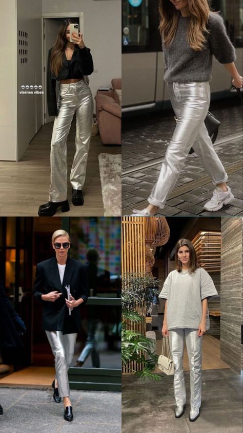 Silver Trousers Street Style, Silver T Shirt Outfit, Casual Metallic Outfit, Silver Pants Aesthetic, Metallic Pants Aesthetic, Metallic Silver Pants Outfit Casual, Silver Denim Outfit, Silver Color Combinations Outfits, Silver Jean Outfits