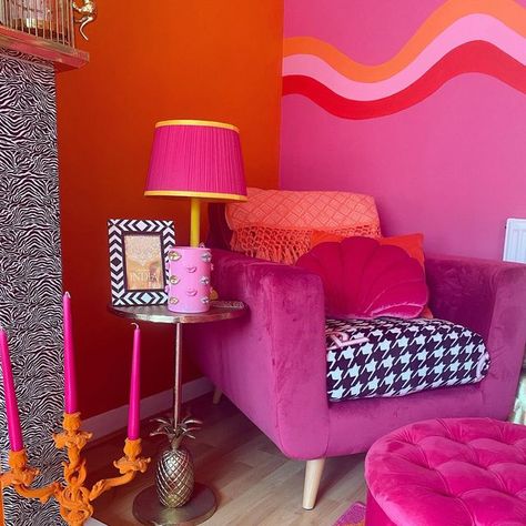 Pink And Orange Decor, Pink Couch, Who Is She, Hallway Designs, College Apartment Decor, Orange Decor, Colourful Living Room, Maximalist Decor, In The Corner