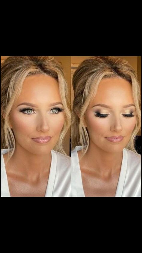 Make Up Looks For Blondes Green Eyes, New Year’s Eve Makeup Blue Eyes, Wedding Makeup Looks Blue Eyes, Eye Makeup Blonde Hair Blue Eyes, Blonde Hazel Eyes Makeup, Blonde Makeup Green Eyes, Summer Bride Makeup Blue Eyes, Beach Wedding Hair And Makeup, Wedding Makeup For Blue Eyes Blonde Hair Bridal