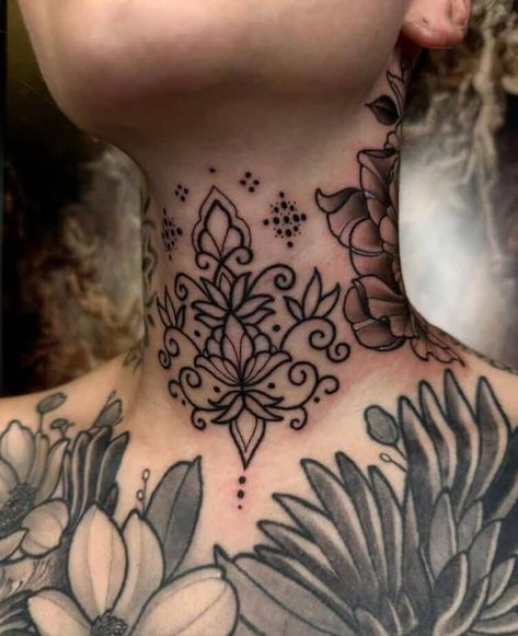 25 Fierce Front-Neck Tattoos That Will Blow Your Mind Neck Tattoos For Women, Chest Tattoo Female Upper, Chest Neck Tattoo, Flower Neck Tattoo, Jasmine Tattoo, Front Neck Tattoo, Full Neck Tattoos, Butterfly Neck Tattoo, Tiny Bird Tattoos