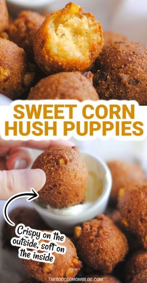 Ddd Recipes Food Network, Deep Fried Cornbread, Sweet Hush Puppies Recipe, Corn Hush Puppies Recipe, Stuffed Hush Puppies, Hush Puppies Recipe With Corn, Corn Hush Puppies, Air Fryer Hush Puppies, Baked Hush Puppies