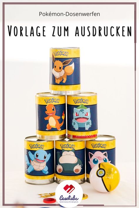 Auf dem Bild sieht man das Pokémon-Dosenwerfen zum Ausdrucken Pokemon Donuts Diy, Pokémon Party, Pokemon Ball, Pokemon Birthday Party, Pokemon Party, Pokemon Birthday, Free Prints, 5th Birthday, Pokemon Go