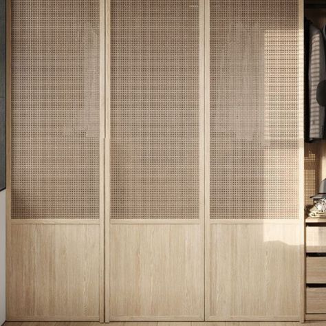 These beautifully crafted rattan cabinet doors combine natural materials and elegant joinery to create a warm and inviting atmosphere in any room. Perfect for those looking for sustainable and stylish solutions.    #enginneredbamboo #bamboo #bamboodesigns #interiordesign #interiorstyle #designinspiration #designinspo #bambooforchange #rattan #interiordetails #contemporaryinteriors #archilovers #interiorstyling #interiorinspo #interiordesignlovers  #rattanjoinery #rattancabinet Natural Wood Closet Doors, Rattan Cabinet Doors, Rattan Wardrobe, Wardrobe Shutter Design, Rattan Door, Rattan Cabinet, Laundry Doors, Rattan Doors, House Closet