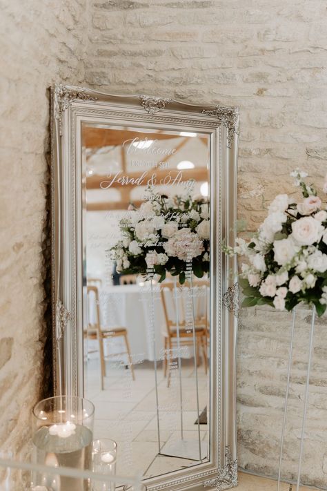 Mirrored Table Plan- Using a large mirror to create a statement decor in your venue. The guest names were printed in white vinyl and applied to this beautiful mirror. Add floating candles in various size cylinder vases to complement the scene. Creted by venue stylist Fabulous Functions UK Wedding Motif, Mirrored Table, Giant Mirror, Gatsby Wedding Theme, Wedding Mirror, Wedding Motifs, Statement Decor, Dressing Table Design, Beautiful Mirror