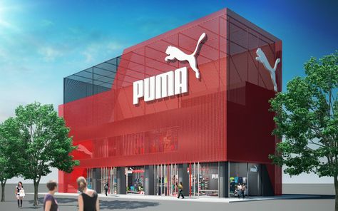 Warehouse Office Design, Industrial Facade, Puma Store, Retail Facade, Bakery Design Interior, Shop Facade, Retail Space Design, Warehouse Design, Building Signs