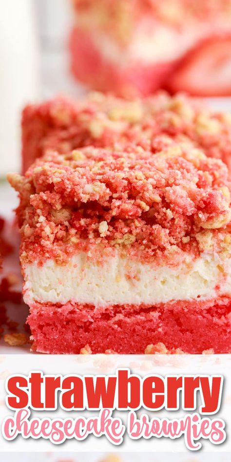 Strawberry Cake Brownies, Sluttier Brownies Strawberry, Strawberry Cheesecake Blondies, Strawberry Cream Cheese Brownies, Strawberry Cheesecake Brownies Recipe, Strawberry Brownie Cheesecake, Strawberry Shortcake Brownies, Easter Strawberry Desserts, Strawberry Cake Cheesecake