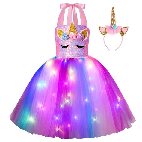 PRICES MAY VARY. 【Perfect unicorn party decorations】Girls unicorn dress with fancy sequin top and light up tutu bottom, a great unicorn costume for party that no girls should miss! The colorful LED lights is battery operated, it goes around the whole unicorn tutu with about 60pcs lights, glowing at night very well. 【Girls dress up clothes】Trust this rainbow unicorn birthday dress also a lovely dress up clothes for little girls. It come with unicorn headband, girls can wear it to be a pretend uni Girls Unicorn Costume, Pink Unicorn Costume, Halloween Birthday Decorations, Girl Unicorn Costume, Halloween Birthday Party Decorations, Unicorn Costume Kids, Light Up Costumes, Dress Up Halloween, Baby Costumes Girl