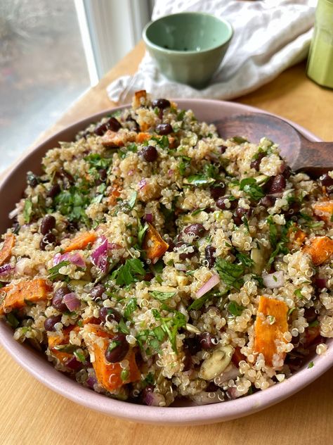 Sweet Potato Quinoa Salad with Chili Lime Vinaigrette Quinoa Sweet Potato Salad, Spring Roll In A Bowl, Lunch Rotation, Salad With Chili, Chili Lime Vinaigrette, Sweet Potato Quinoa Salad, Sweet Potato Quinoa, Chili Lime Dressing, Meatless Mains