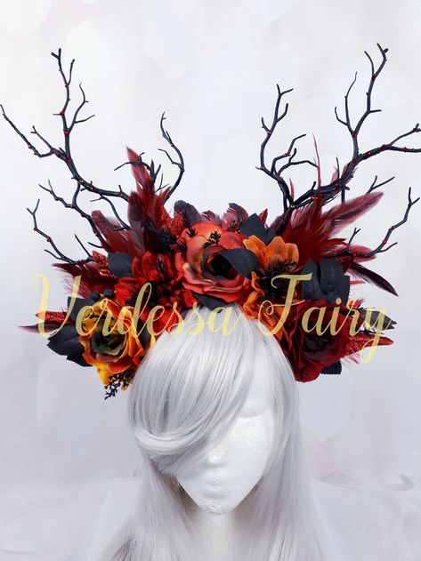 Fire Goddess Headdress Red and Black Fire Headpiece Fire - Etsy Canada Fire Crown Aesthetic, Fire Fairy Outfit, Fire Goddess Costume, Fire Fairy Costume, Fire Headdress, Fire Headpiece, Fire Themed Outfits, Fire Gown, Witch Headdress