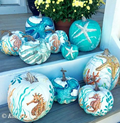 Coastal and Nautical Art Pumpkins: http://www.completely-coastal.com/2015/09/painted-pumpkins-coastal-nautical-beach.html I Need Vitamin Sea, Halloween Decor Diy, Fall Beach, Coastal Holiday, Beachy Decor, Theme Halloween, Beach Crafts, Painted Pumpkins, Pumpkin Decorating