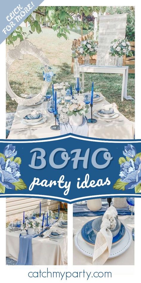 Take a look at this stunning blue boho dinner party! The rustic table settings are fabulous! See more party ideas and share yours at CatchMyParty.com  #catchmyparty #partyideas #bohochic #bohoparty #dinnerparty Blue Boho Birthday Party, Blue Bohemian Earrings For Celebration, Blue Boho Picnic, Blue Bohemian Party Sets, Blue Dinner Party, Boho Beach Dinner Setup, Blue Place Settings, Boho Chic Party, Blue Wine Glasses