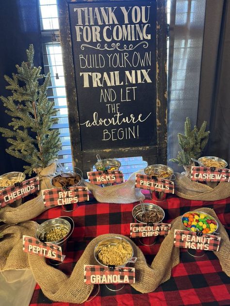 Trail Ride Party Ideas, Eagle Scout Trail Mix Bar, One Happy Camper First Birthday Trail Mix Bar, Lumberjack Trail Mix Bar, Create Your Own Trail Mix Bar, Make Your Own Trail Mix Bar, Moose Birthday Party, Trail Mix Bar Make Your Own, Trail Mix Bar Ideas