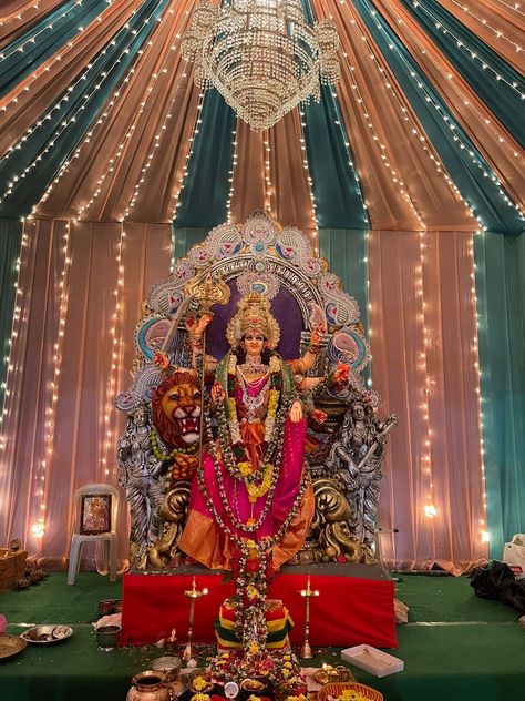 Durga Maa Decoration, Navratri Mandap Decoration, Ganesh Mandap Decoration Ideas, Durga Puja Pandal Decoration, Navaratri Decoration, Ganpati Mandap, Ram Photos Hd, Chath Pooja Image, Glass Office Doors