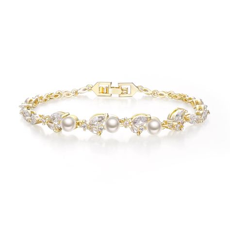 PRICES MAY VARY. 【Design】The zirconia tennis bracelet for women has dainty design, elegant, delicate and gorgeous .It features sparkly CZs which will make a timeless accessory to any jewelry collection. This bridal bracelet can be worn with classy casual or formal attire. 【Material】Beautiful leaves designed zircon tennis bracelets, Cubic Zirconia pearl bracelet sparkle like diamonds for endless shine and durability. Gold plated copper, Hypoallergenic, comfortable for day to day wear. 【Size】Brida Leaf Filigree, Valentines Day Jewelry, Beautiful Leaves, Wedding Leaves, Pearl Bridal, Jewelry Lookbook, Classy Casual, Bridal Bracelet, Bridal Gold Jewellery