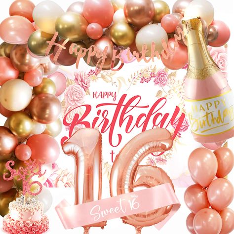 PRICES MAY VARY. 【Sweet 16th Birthday Girl Decoration Set】Celebrate your sweet 16th birthday decoratively with our decorations for sixteen girls. This all-in-one party decoration set includes everything you need for a memorable and fabulous celebration: 50 latex balloons, 1 set number "16" foil balloon, 1 pink bottle balloon, Pink Happy Birthday Banner, 1pc rose gold happy birthday banner，1 "Sweet 16" birthday sash, balloon glue dot，balloon chain. Great value for decorating a sweet 16 party deco Happy 16th Birthday Girl, Sweet 16 Balloons, 16 Party Decorations, Beige Balloons, Sweet 16 Sash, Happy Birthday Sweet 16, Sweet 16 Party Decorations, 16th Birthday Decorations, 16 Balloons