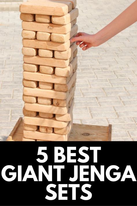 In this complete review and guide, we take a look at the 5 best giant jenga sets! Read more at OwnTheYard.com! Giant Jenga Diy, Outdoor Jenga, Yard Jenga, Jenga Diy, Giant Jenga Game, Class Auction, Jenga Game, Giant Jenga, Backyard Games