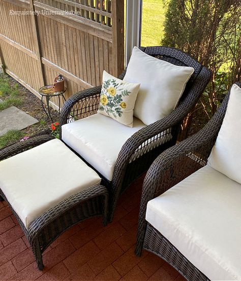 DIY Ottoman Outdoor Cushion Diy Outdoor Chair And Ottoman, Diy Outdoor Ottoman, Recover Outdoor Cushions, Recovering Outdoor Furniture Cushions, How To Recover Outdoor Cushions, Recover Outdoor Cushions Diy No Sew, Ottoman Outdoor, Sink Skirt, Ottoman Chair