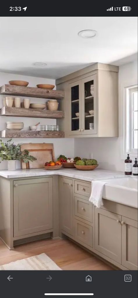 White Countertop Beige Cabinets, Tan Kitchen Cabinets Gold Hardware, Taupe Kitchen Cabinets White Countertop, Light Tan Painted Kitchen Cabinets, Sandy Color Kitchen Cabinets, Tan Beige Kitchen Cabinets, Khaki And White Kitchen, Beige Cabinets Gold Hardware Kitchen, Cream Tan Kitchen Cabinets