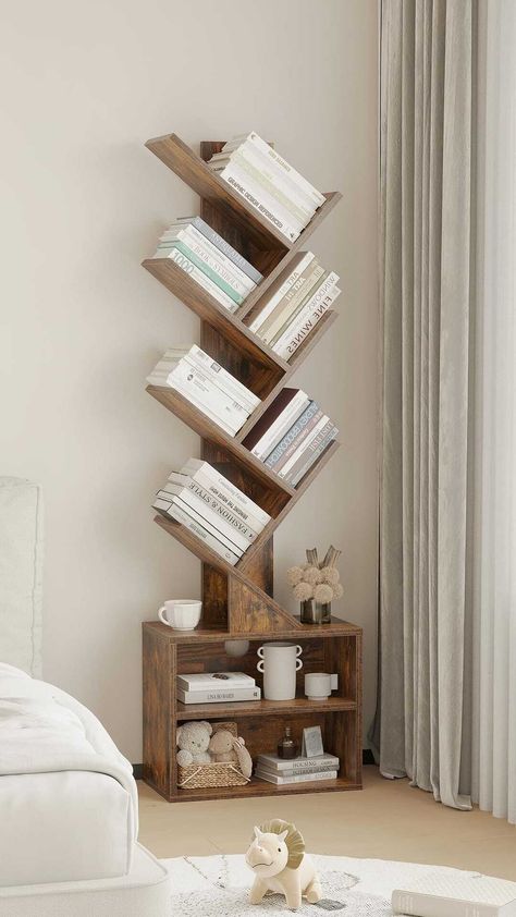 Maximize storage while adding a touch of rustic charm to your home with the SUNMORY 6 Tier Tree Bookshelf! Perfect for cozy reading nooks or modern living rooms. Book Shelf Organizer Ideas, Corner Bookshelves Bedroom, Narrow Bookshelves, Small Bookshelf Ideas, Standing Book Shelf, Postmodern Interior, Rustic Bookshelves, Small Bookshelves, Bookcase With Storage