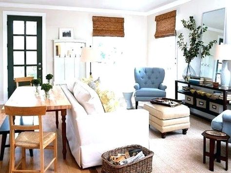 Table behind couch Small Living Dining, Casa Hobbit, Holiday Living Room, Furnitur Ruang Keluarga, Dining Ideas, Living Room Dining Room Combo, Interior Layout, Dining Room Combo, Room Deco