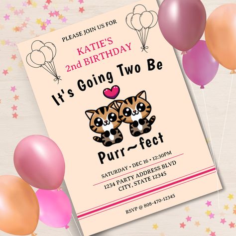 Cute and funny perfect kitten birthday party invitation for a two year old child.  Design features two cute kitty cats with red hearts.  Peach and pink color scheme.  Great for a second bday event for a girl. Cat 2nd Birthday Party Girl, Cat Second Birthday Party, Two Year Old Cat Birthday Party, Cute Kitty Cats, Kitten Birthday Party, Cat Themed Birthday Party, Kitten Party, Kitten Birthday, Cat Birthday Party