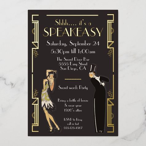 Speakeasy Flapper Great Gatsby Party Foil Invitation Size: 5" x 7" Foil Invitation. Color: Gold. Gender: unisex. Age Group: adult. Material: Premium White. Gatsby Party Invitations Template, Great Gatsby 40th Birthday Party Ideas, Speakeasy Party Invitation, Roaring 20s Party Invitation, Great Gatsby Party Decor, Roaring 20s Party Decorations Diy, 1920s Invitation, Speakeasy Invitation, Speakeasy Vibes