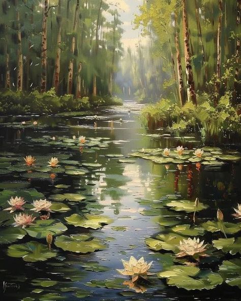 Pond Painting Acrylic, Lilypad Painting, Cottagecore Room Aesthetic, Mum Painting, Cottagecore Rooms, Lily Pond Painting, Soft Cottagecore, Pond Painting, Photo To Art