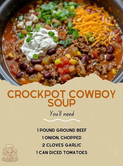 Easy Recipes Groupp | Crockpot Cowboy Soup 🍲 | Facebook Crockpot Cowboy Soup, Recipes With Diced Tomatoes, Cowboy Soup, Mini Crockpot Recipes, Chili Crockpot, Ree Drummond Recipes, Quick Soup Recipes, Quick Soup, Crockpot Dishes