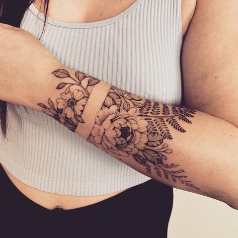 Floral Band Tattoo, Free Hand Tattoo, Bear Tattoos, Arm Band Tattoo, Peonies Tattoo, Sternum Tattoo, Flower Band, Band Tattoo, Hip Tattoo